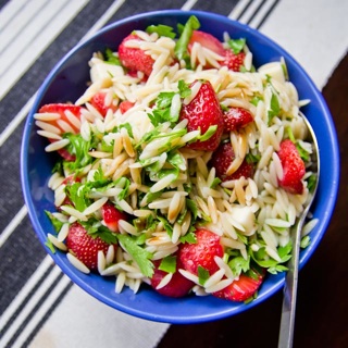 orzo, strawberry, parsley, cheese, balsamic dressing